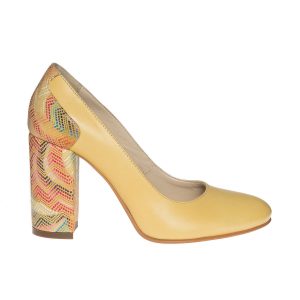 Pantofi dama din piele naturala - Galben cu toc multicolor- 112 GM