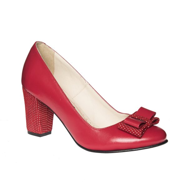 Pantofi dama din piele naturala - Rosu cu buline - R5 RB