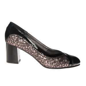 Pantofi dama din piele naturala - Negru lac cu imprimeu maro - 208 NLIM