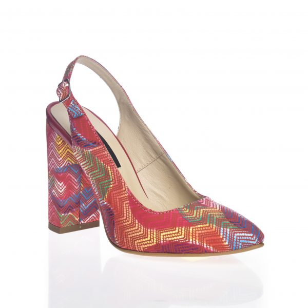 Sandale dama din piele naturala - Rosu mozaic cu toc multicolor - 269 RMZ
