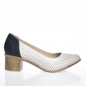 Pantofi dama din piele naturala - Alb cu Bleumarin - T2 AB