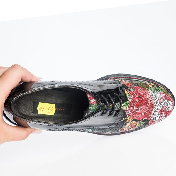 Pantofi dama din piele naturala - Negru Lac Mozaic Flori- G10 NLMF