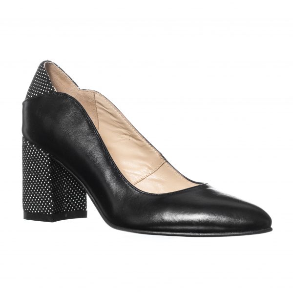 Pantofi dama din piele naturala - Negru Toc Buline - R9 NTB