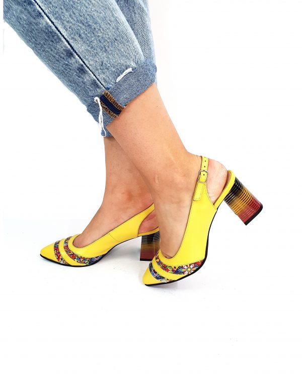 Sandale dama din piele naturala - Galben cu Mozaic 3D - A101 GM3D