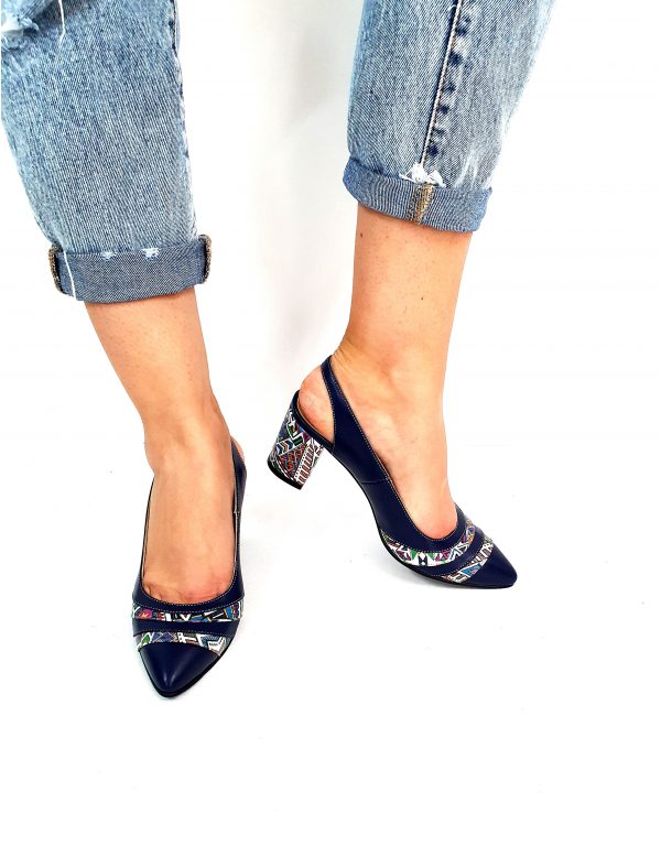 Sandale dama din piele naturala - Albastru cu Model Traditional - A101 AMT