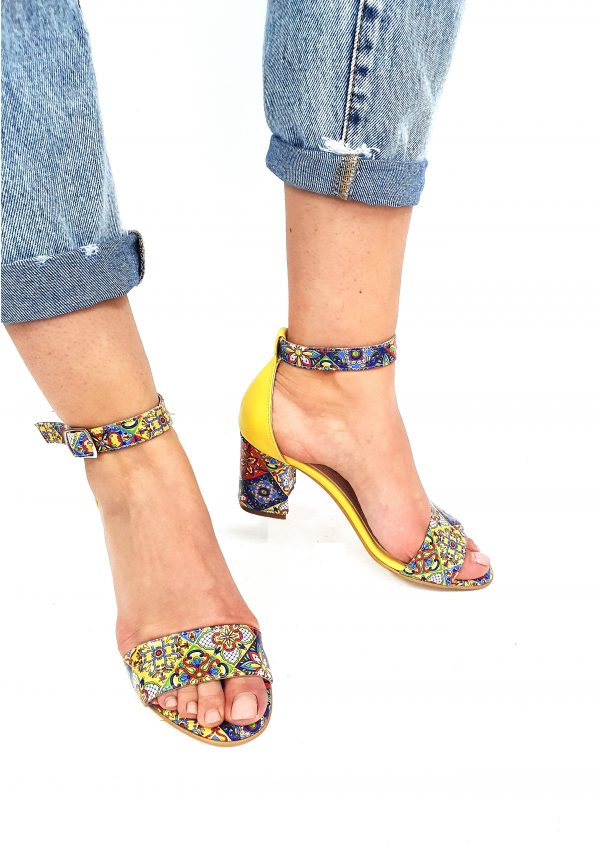 Sandale dama din piele naturala - Galben cu Mozaic 3D - S10 GM3D