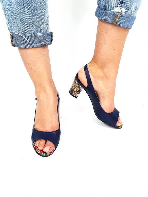 Sandale dama din piele naturala - Albastru cu Mozaic 3D - S29 AM3D