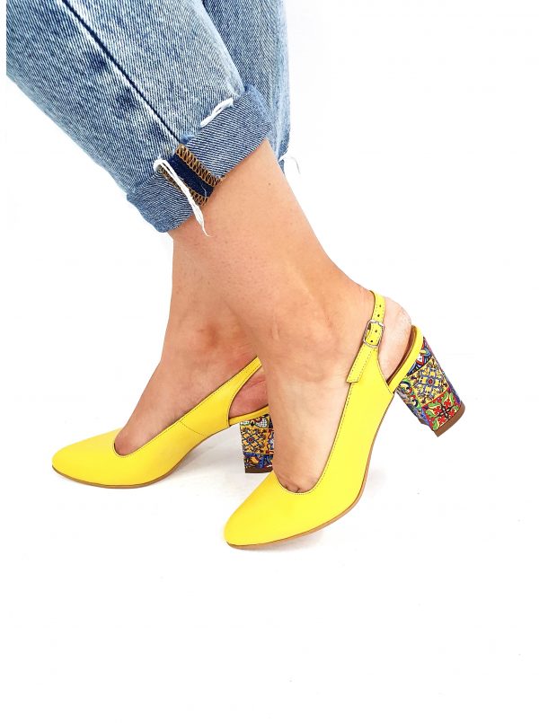 Sandale dama din piele naturala - Galben Toc Mozaic 3D - V7 GTM3D