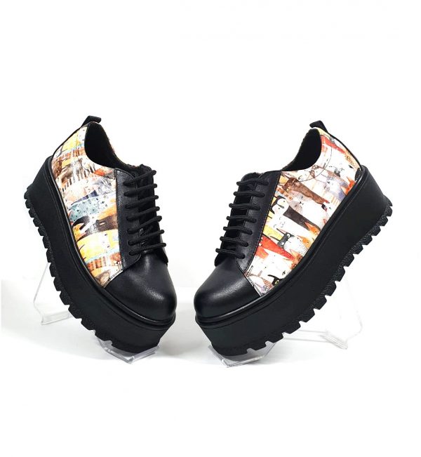 Pantofi dama din piele naturala - Negru cu Pisici - X3 NP