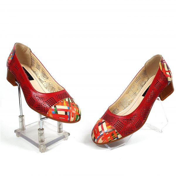 Pantofi dama perforati din piele naturala - Rosu cu Linii Colorate - T12 RLC
