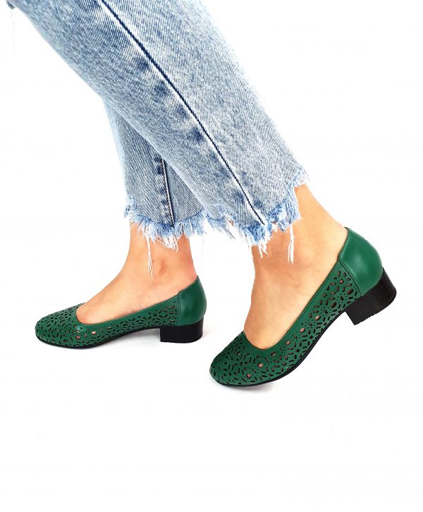 Pantofi dama perforati din piele naturala - Verde - T10 V