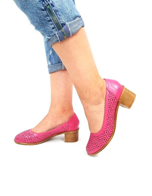 Pantofi dama perforati din piele naturala - Roz - T14 RZ