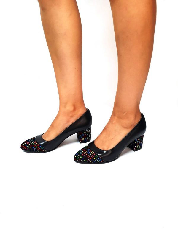 Pantofi dama din piele naturala - Negru Box cu Patratele Colorate - A3 NBPC