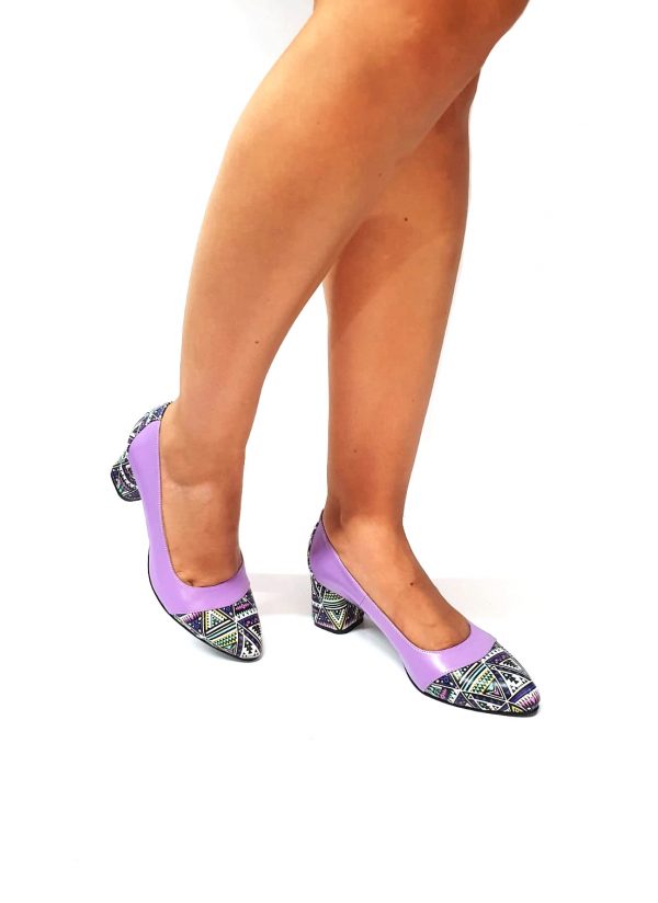 Pantofi dama din piele naturala - Lila cu Triunghiuri - A5 LT