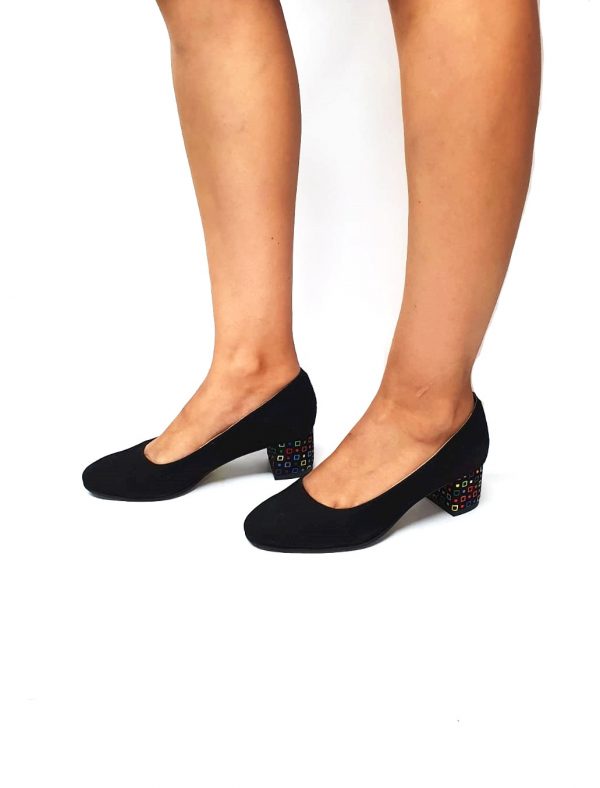 Pantofi dama din piele naturala - Negru Antilopa cu Patratele Colorate - A6 NAPC