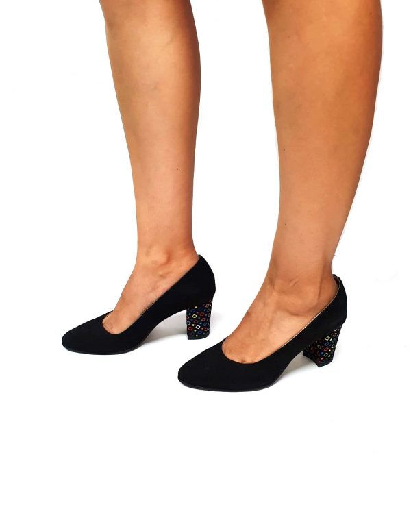 Pantofi dama din piele naturala - Negru Antilopa cu Patratele Colorate- R7 NAPC