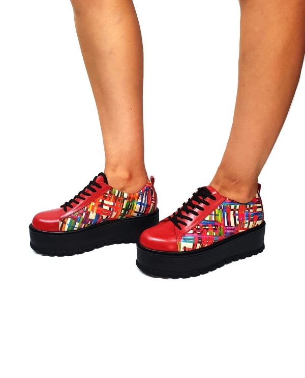 Pantofi dama din piele naturala - Rosu Box cu Linii Colorate - X3 RBLC