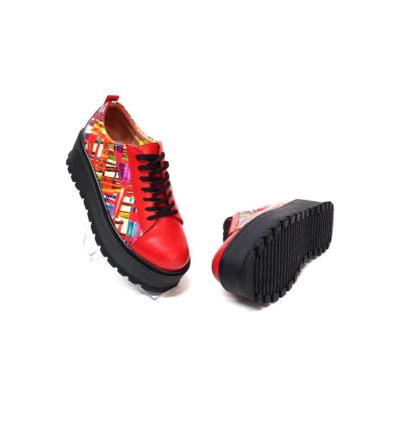 Pantofi dama din piele naturala - Rosu Box cu Linii Colorate - X3 RBLC