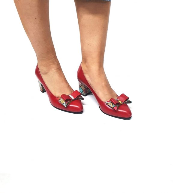 Pantofi dama din piele naturala - Rosu Box cu Patratele 3D - A12 RBP3D