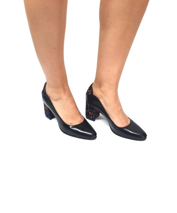 Pantofi dama din piele naturala - Negru Box cu Patratele Colorate - R9 NBPC