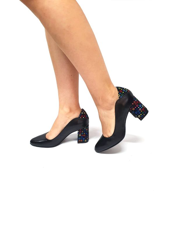 Pantofi dama din piele naturala - Negru Box cu Patratele Colorate - R9 NBPC