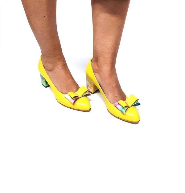 Pantofi dama din piele naturala - Galben + Fulger- A12 GF