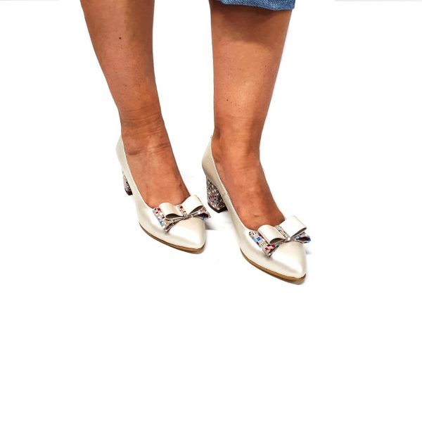 Pantofi dama din piele naturala - Bej Sidef cu Patratele Multicolore - A12 BSPM