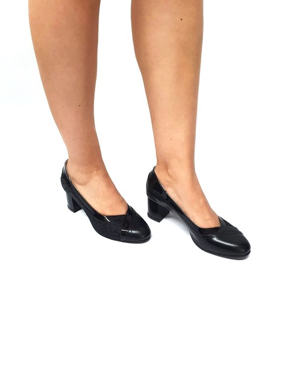 Pantofi dama din piele naturala - Negru box cu Lac si Sarpe Negru - 208 NLSN