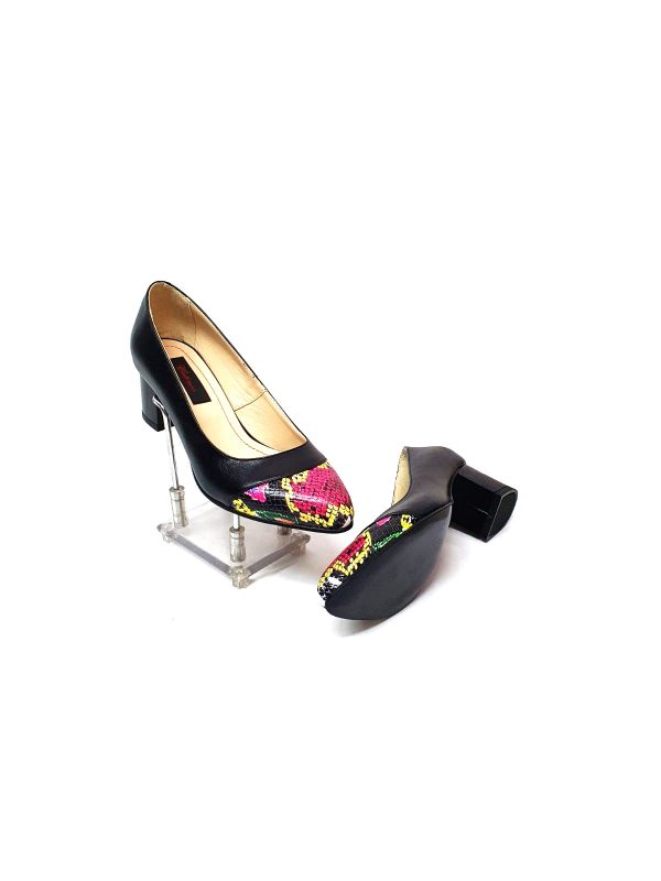 Pantofi dama din piele naturala - Negru Box cu Croco Rosu - A3 NBCR