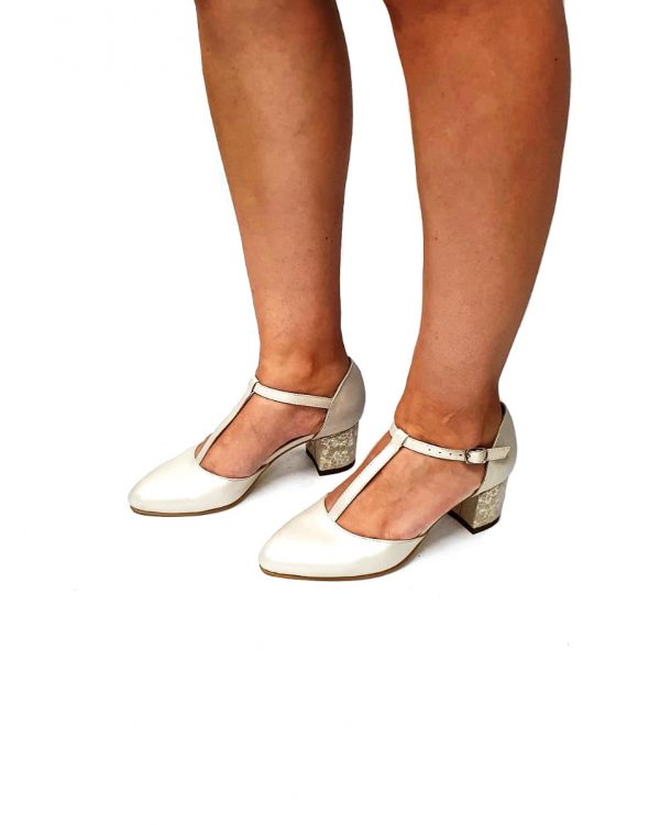 Sandale dama din piele naturala - Bej sidef cu firicel auriu - D13 BSFA