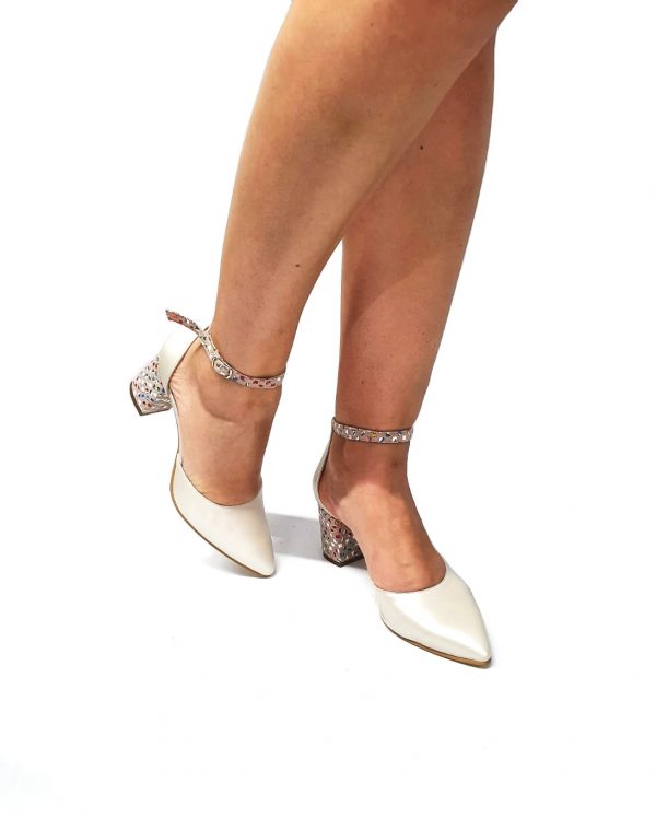 Sandale dama din piele naturala Bej sidef cu patratele multicolore - D14 BSPM