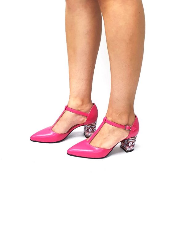 Sandale dama din piele naturala Roz cu triunghiuri roz D13 RTR