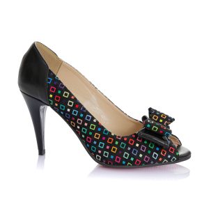 Pantofi dama din piele naturala - NEGRU CU PATRATELE COLORATE - F23 NPC